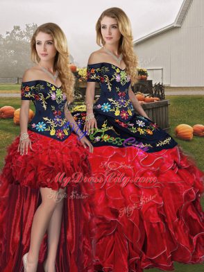 Colorful Red And Black Sleeveless Organza Lace Up Quinceanera Gown for Military Ball and Sweet 16 and Quinceanera