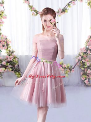 Great Pink Sleeveless Belt Knee Length Bridesmaid Dresses