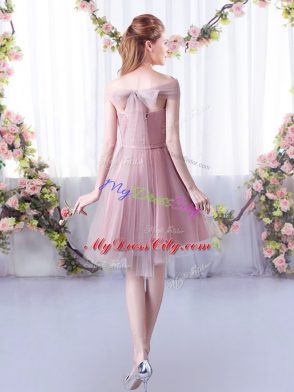 Great Pink Sleeveless Belt Knee Length Bridesmaid Dresses