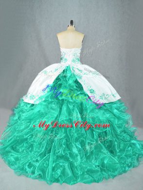 Suitable Turquoise Organza Lace Up Sweetheart Sleeveless Floor Length 15 Quinceanera Dress Embroidery and Ruffles