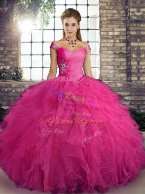 Modern Off The Shoulder Sleeveless Tulle Sweet 16 Dress Beading and Ruffles Lace Up