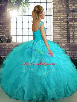 Modern Off The Shoulder Sleeveless Tulle Sweet 16 Dress Beading and Ruffles Lace Up