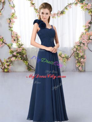 Floor Length Navy Blue Wedding Guest Dresses Chiffon Sleeveless Hand Made Flower