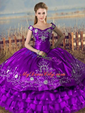 Purple Satin and Organza Lace Up Quinceanera Gown Sleeveless Floor Length Embroidery and Ruffled Layers