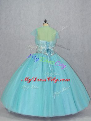 Tulle Sweetheart Sleeveless Lace Up Beading Sweet 16 Dress in Aqua Blue