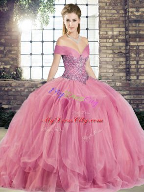 Watermelon Red Ball Gowns Off The Shoulder Sleeveless Tulle Floor Length Lace Up Beading and Ruffles Vestidos de Quinceanera