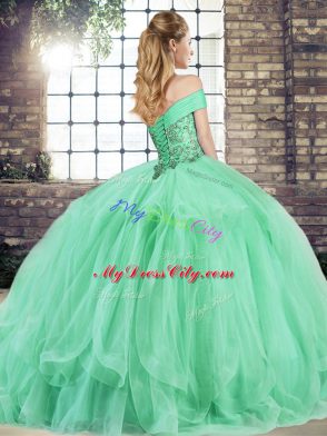 Watermelon Red Ball Gowns Off The Shoulder Sleeveless Tulle Floor Length Lace Up Beading and Ruffles Vestidos de Quinceanera