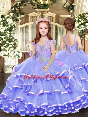 Floor Length Lavender Quince Ball Gowns Organza Sleeveless Beading and Ruffled Layers