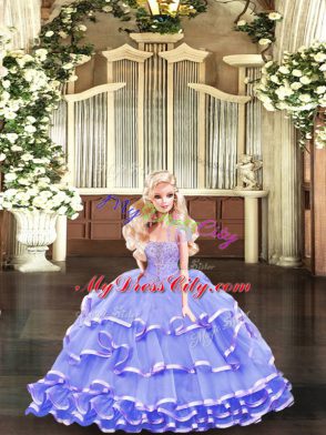 Floor Length Lavender Quince Ball Gowns Organza Sleeveless Beading and Ruffled Layers