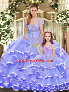 Floor Length Lavender Quince Ball Gowns Organza Sleeveless Beading and Ruffled Layers