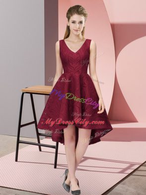 Flirting Sleeveless High Low Lace Zipper Bridesmaid Dress with Burgundy