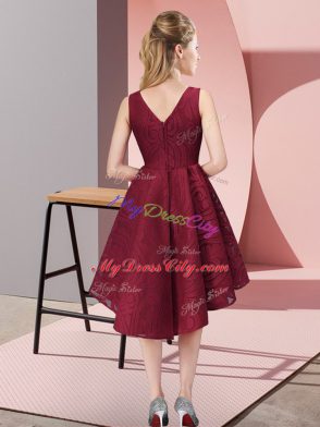 Flirting Sleeveless High Low Lace Zipper Bridesmaid Dress with Burgundy