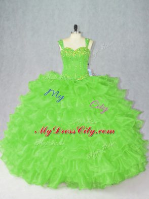 Fancy Organza Straps Sleeveless Side Zipper Beading and Ruffles Quinceanera Gown in