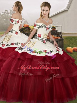 Off The Shoulder Sleeveless Tulle Sweet 16 Quinceanera Dress Embroidery and Ruffled Layers Brush Train Lace Up