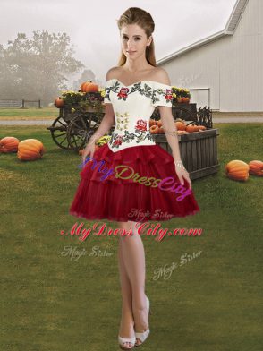 Off The Shoulder Sleeveless Tulle Sweet 16 Quinceanera Dress Embroidery and Ruffled Layers Brush Train Lace Up