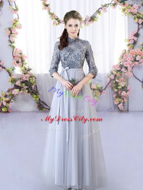 Tulle Half Sleeves Floor Length Wedding Guest Dresses and Appliques