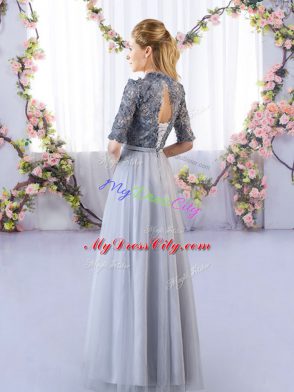 Tulle Half Sleeves Floor Length Wedding Guest Dresses and Appliques