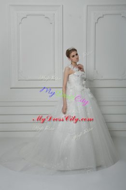 White Wedding Gowns Tulle Brush Train Sleeveless Beading and Lace and Hand Made Flower