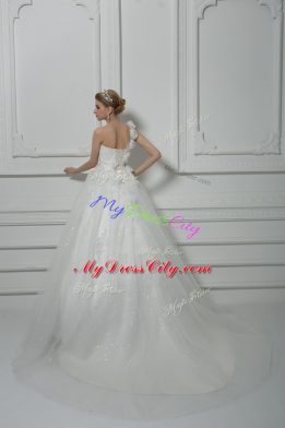 White Wedding Gowns Tulle Brush Train Sleeveless Beading and Lace and Hand Made Flower