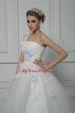 White Wedding Gowns Tulle Brush Train Sleeveless Beading and Lace and Hand Made Flower