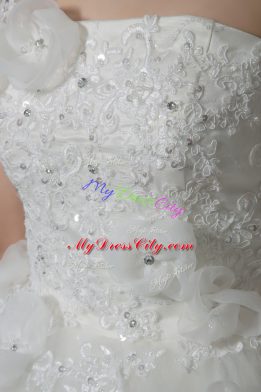 White Wedding Gowns Tulle Brush Train Sleeveless Beading and Lace and Hand Made Flower