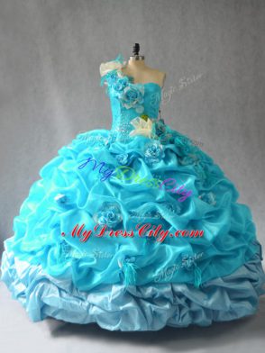 Floor Length Aqua Blue Sweet 16 Dresses Organza Sleeveless Pick Ups and Hand Made Flower