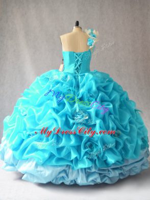 Floor Length Aqua Blue Sweet 16 Dresses Organza Sleeveless Pick Ups and Hand Made Flower