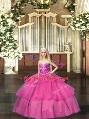 Eye-catching Hot Pink Organza Lace Up Sweetheart Sleeveless Floor Length Quinceanera Dresses Beading