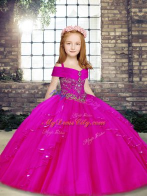 Tulle Straps Sleeveless Lace Up Beading Pageant Dresses in Fuchsia