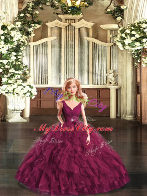 Wonderful Tulle V-neck Sleeveless Backless Beading and Ruffles Sweet 16 Dresses in Burgundy