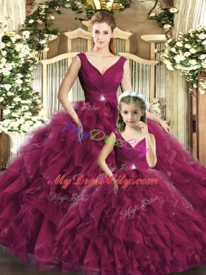 Wonderful Tulle V-neck Sleeveless Backless Beading and Ruffles Sweet 16 Dresses in Burgundy