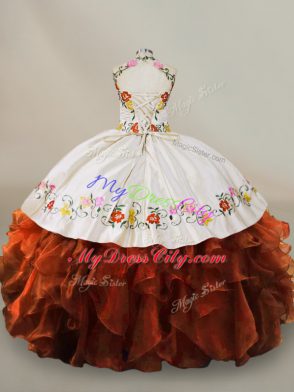 Modest Rust Red Halter Top Neckline Embroidery and Ruffles Sweet 16 Dress Sleeveless Lace Up