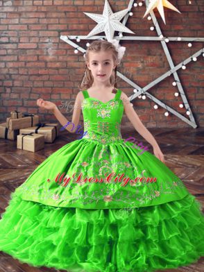 Sleeveless Floor Length Embroidery and Ruffled Layers Lace Up Little Girls Pageant Dress Wholesale with