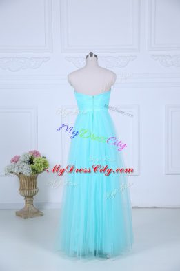 Aqua Blue Empire Sweetheart Sleeveless Tulle Floor Length Zipper Ruching Dama Dress