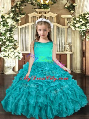 Ball Gowns Little Girls Pageant Dress Aqua Blue Scoop Organza Sleeveless Floor Length Lace Up