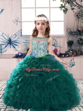 High Class Sleeveless Organza Floor Length Lace Up Pageant Gowns For Girls in Peacock Green with Beading and Ruffles