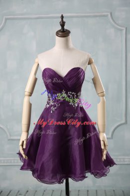 Decent A-line Cocktail Dresses Purple Sweetheart Organza Sleeveless Mini Length Lace Up