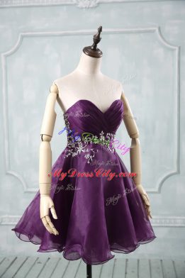 Decent A-line Cocktail Dresses Purple Sweetheart Organza Sleeveless Mini Length Lace Up