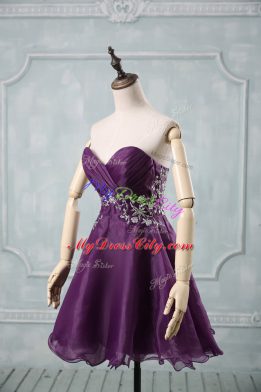 Decent A-line Cocktail Dresses Purple Sweetheart Organza Sleeveless Mini Length Lace Up