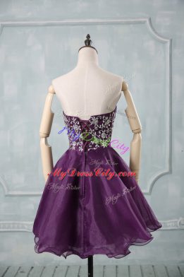 Decent A-line Cocktail Dresses Purple Sweetheart Organza Sleeveless Mini Length Lace Up