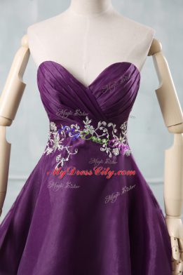 Decent A-line Cocktail Dresses Purple Sweetheart Organza Sleeveless Mini Length Lace Up