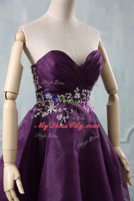 Decent A-line Cocktail Dresses Purple Sweetheart Organza Sleeveless Mini Length Lace Up