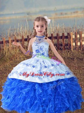 Blue And White Pageant Dress for Girls Wedding Party with Beading and Embroidery and Ruffles Halter Top Sleeveless Lace Up