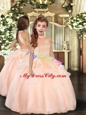 Elegant Sleeveless Organza Floor Length Backless Pageant Gowns For Girls in Peach with Beading