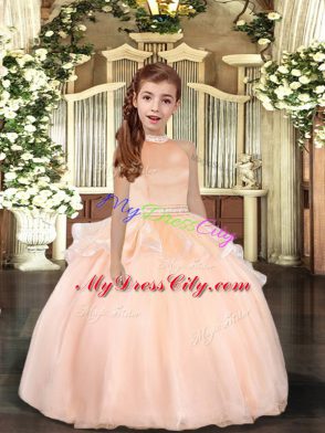 Elegant Sleeveless Organza Floor Length Backless Pageant Gowns For Girls in Peach with Beading