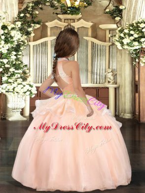 Elegant Sleeveless Organza Floor Length Backless Pageant Gowns For Girls in Peach with Beading