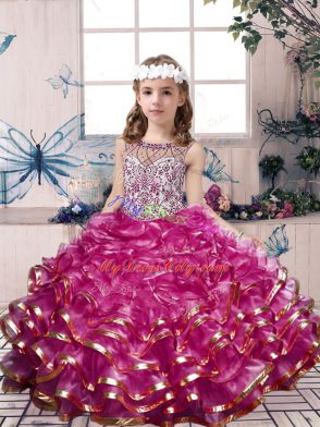 Fuchsia Sleeveless Beading and Ruffles Floor Length Girls Pageant Dresses