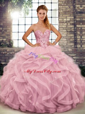 Beautiful Pink Sweetheart Neckline Beading and Ruffles Quinceanera Dress Sleeveless Lace Up