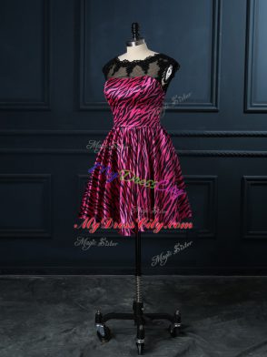 Hot Pink A-line Printed Scoop Cap Sleeves Lace Mini Length Backless Evening Dress