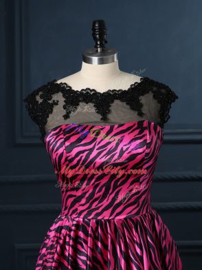 Hot Pink A-line Printed Scoop Cap Sleeves Lace Mini Length Backless Evening Dress